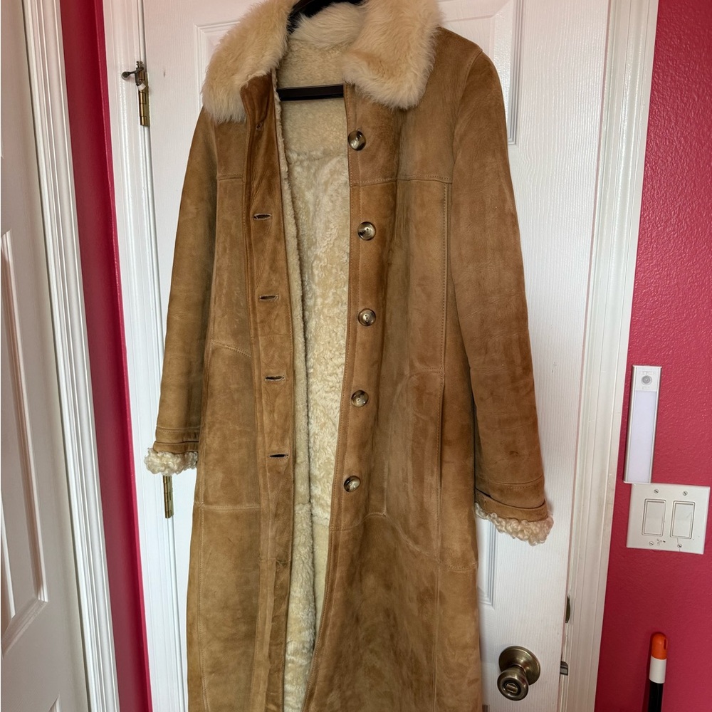 Tan Shearling Coat with Fur Collar